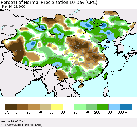 China, Mongolia and Taiwan Percent of Normal Precipitation 10-Day (CPC) Thematic Map For 5/16/2020 - 5/25/2020