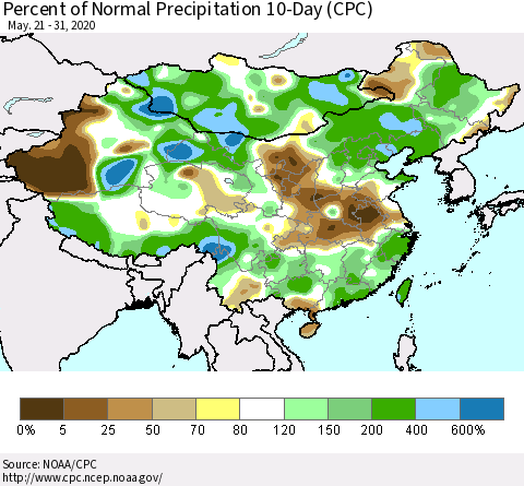 China, Mongolia and Taiwan Percent of Normal Precipitation 10-Day (CPC) Thematic Map For 5/21/2020 - 5/31/2020