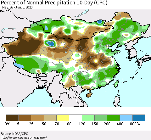 China, Mongolia and Taiwan Percent of Normal Precipitation 10-Day (CPC) Thematic Map For 5/26/2020 - 6/5/2020