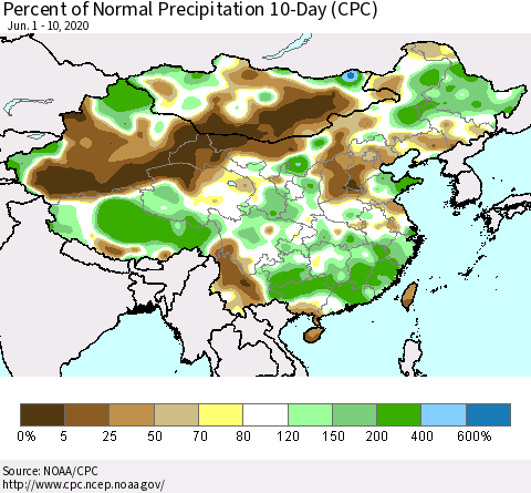 China, Mongolia and Taiwan Percent of Normal Precipitation 10-Day (CPC) Thematic Map For 6/1/2020 - 6/10/2020