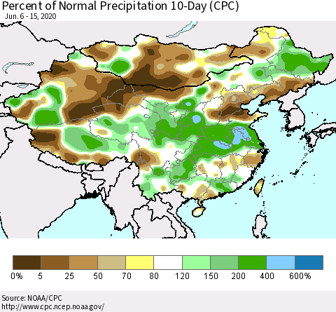 China, Mongolia and Taiwan Percent of Normal Precipitation 10-Day (CPC) Thematic Map For 6/6/2020 - 6/15/2020