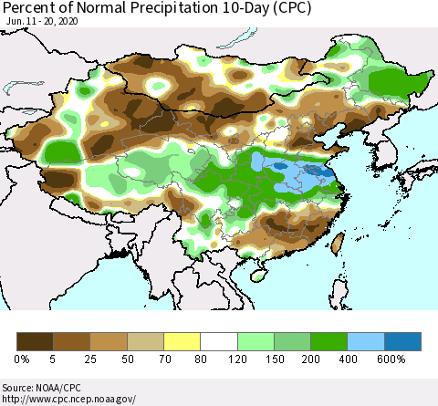 China, Mongolia and Taiwan Percent of Normal Precipitation 10-Day (CPC) Thematic Map For 6/11/2020 - 6/20/2020