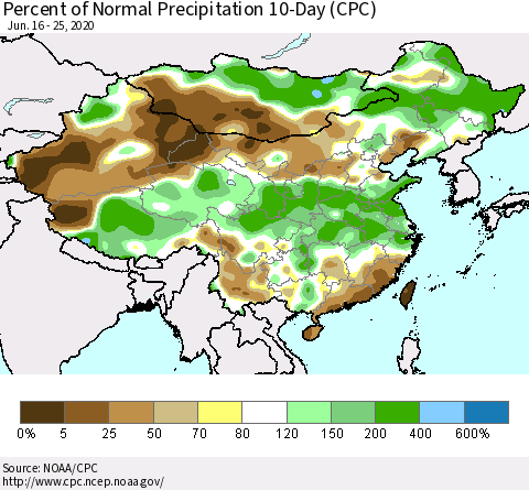China, Mongolia and Taiwan Percent of Normal Precipitation 10-Day (CPC) Thematic Map For 6/16/2020 - 6/25/2020