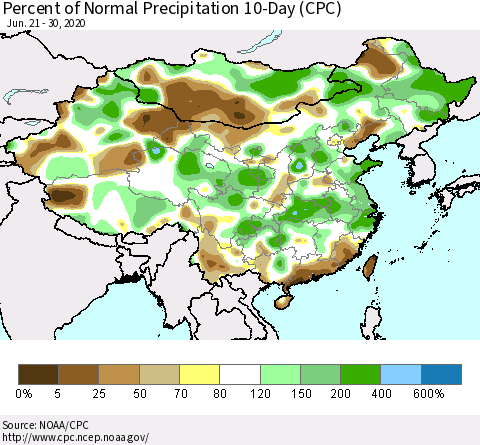 China, Mongolia and Taiwan Percent of Normal Precipitation 10-Day (CPC) Thematic Map For 6/21/2020 - 6/30/2020