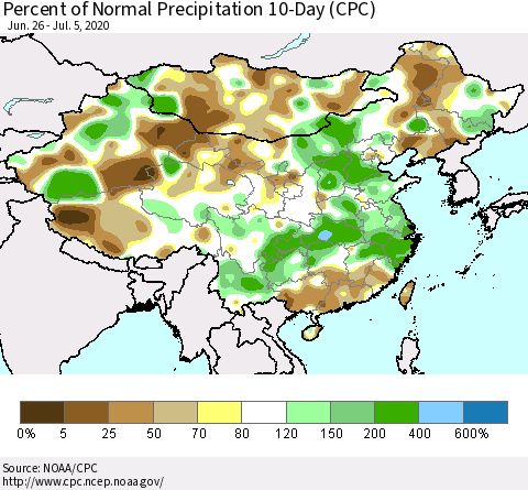 China, Mongolia and Taiwan Percent of Normal Precipitation 10-Day (CPC) Thematic Map For 6/26/2020 - 7/5/2020