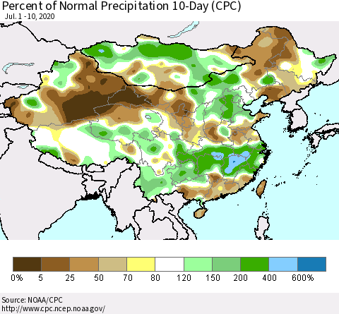 China, Mongolia and Taiwan Percent of Normal Precipitation 10-Day (CPC) Thematic Map For 7/1/2020 - 7/10/2020