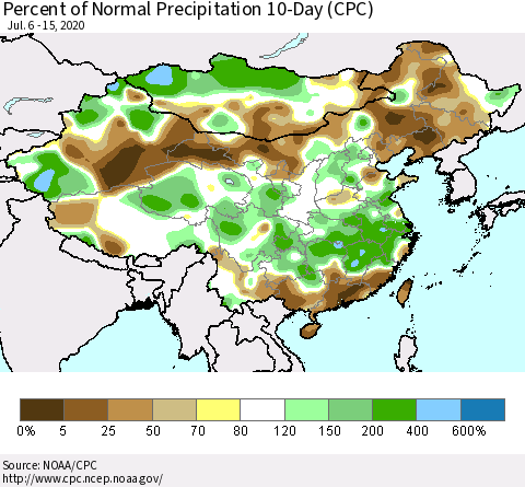 China, Mongolia and Taiwan Percent of Normal Precipitation 10-Day (CPC) Thematic Map For 7/6/2020 - 7/15/2020