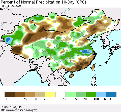 China, Mongolia and Taiwan Percent of Normal Precipitation 10-Day (CPC) Thematic Map For 7/11/2020 - 7/20/2020