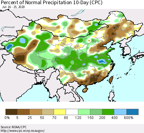 China, Mongolia and Taiwan Percent of Normal Precipitation 10-Day (CPC) Thematic Map For 7/16/2020 - 7/25/2020
