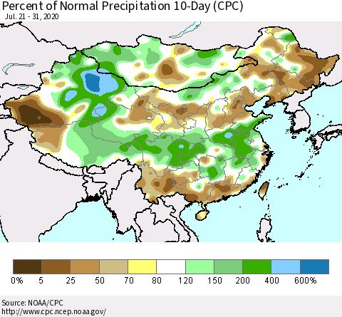 China, Mongolia and Taiwan Percent of Normal Precipitation 10-Day (CPC) Thematic Map For 7/21/2020 - 7/31/2020