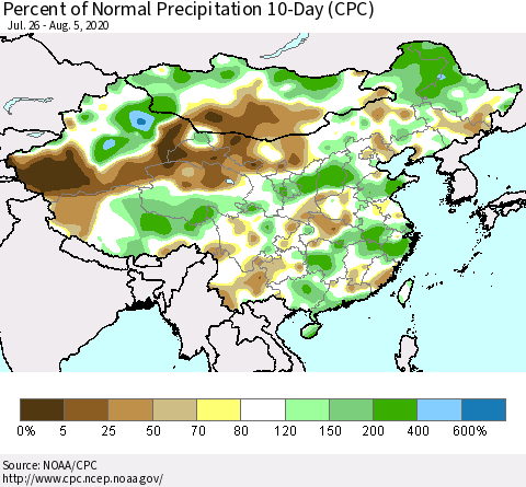 China, Mongolia and Taiwan Percent of Normal Precipitation 10-Day (CPC) Thematic Map For 7/26/2020 - 8/5/2020