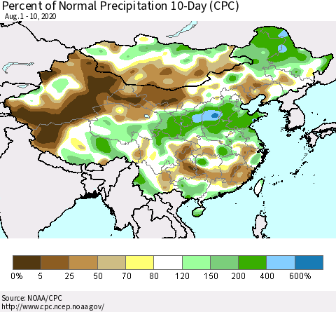 China, Mongolia and Taiwan Percent of Normal Precipitation 10-Day (CPC) Thematic Map For 8/1/2020 - 8/10/2020
