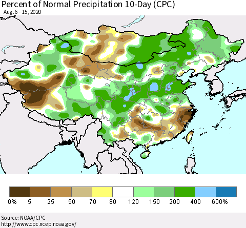 China, Mongolia and Taiwan Percent of Normal Precipitation 10-Day (CPC) Thematic Map For 8/6/2020 - 8/15/2020