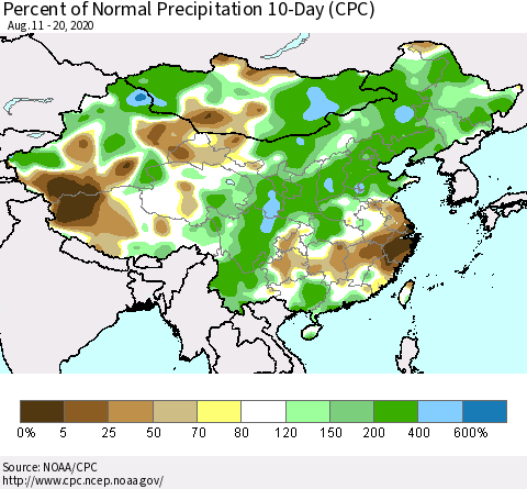 China, Mongolia and Taiwan Percent of Normal Precipitation 10-Day (CPC) Thematic Map For 8/11/2020 - 8/20/2020