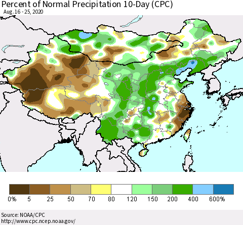 China, Mongolia and Taiwan Percent of Normal Precipitation 10-Day (CPC) Thematic Map For 8/16/2020 - 8/25/2020