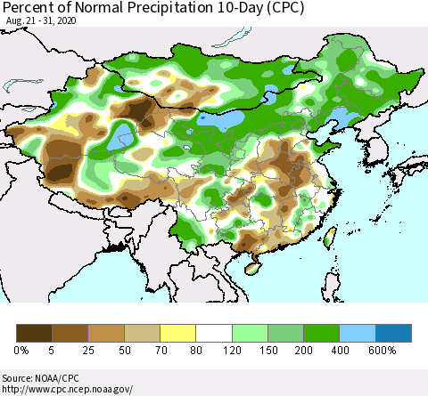China, Mongolia and Taiwan Percent of Normal Precipitation 10-Day (CPC) Thematic Map For 8/21/2020 - 8/31/2020