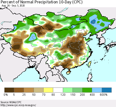 China, Mongolia and Taiwan Percent of Normal Precipitation 10-Day (CPC) Thematic Map For 8/26/2020 - 9/5/2020