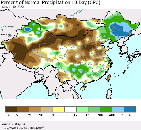 China, Mongolia and Taiwan Percent of Normal Precipitation 10-Day (CPC) Thematic Map For 9/1/2020 - 9/10/2020