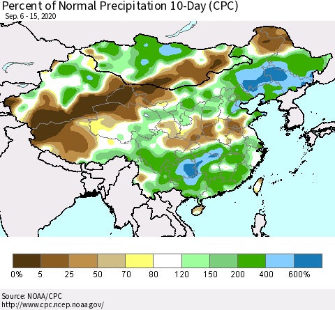 China, Mongolia and Taiwan Percent of Normal Precipitation 10-Day (CPC) Thematic Map For 9/6/2020 - 9/15/2020