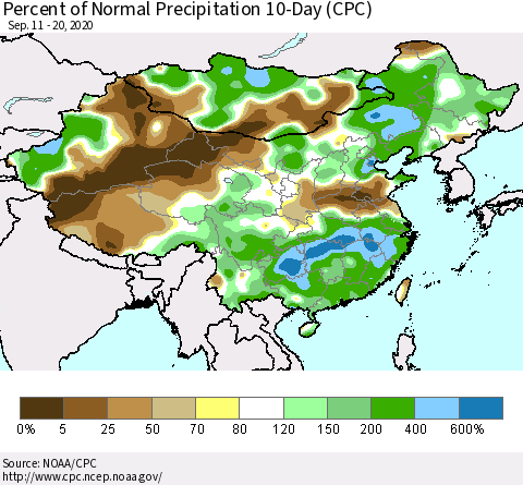 China, Mongolia and Taiwan Percent of Normal Precipitation 10-Day (CPC) Thematic Map For 9/11/2020 - 9/20/2020