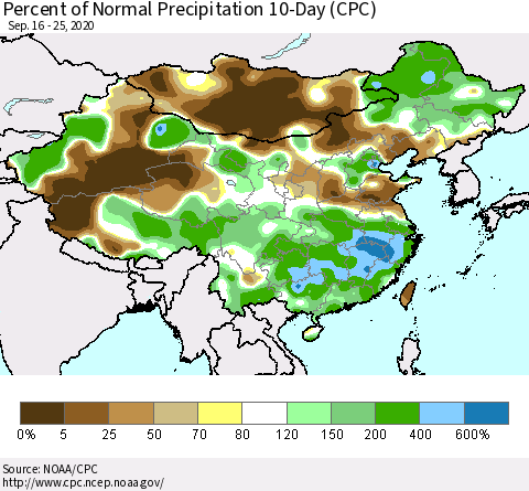 China, Mongolia and Taiwan Percent of Normal Precipitation 10-Day (CPC) Thematic Map For 9/16/2020 - 9/25/2020
