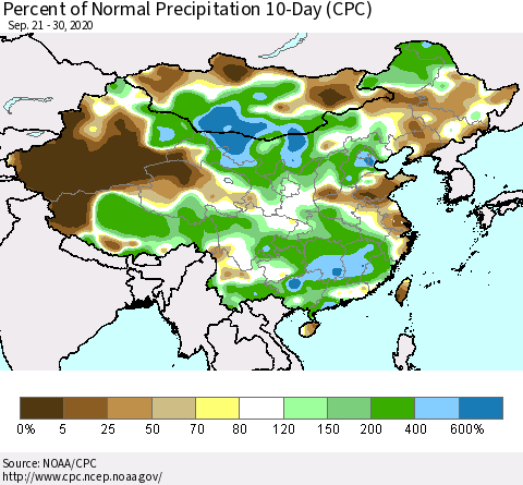 China, Mongolia and Taiwan Percent of Normal Precipitation 10-Day (CPC) Thematic Map For 9/21/2020 - 9/30/2020
