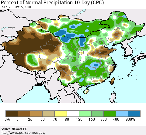 China, Mongolia and Taiwan Percent of Normal Precipitation 10-Day (CPC) Thematic Map For 9/26/2020 - 10/5/2020
