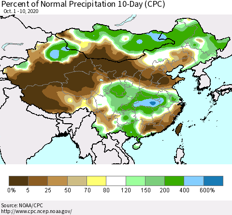 China, Mongolia and Taiwan Percent of Normal Precipitation 10-Day (CPC) Thematic Map For 10/1/2020 - 10/10/2020
