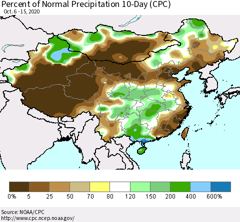 China, Mongolia and Taiwan Percent of Normal Precipitation 10-Day (CPC) Thematic Map For 10/6/2020 - 10/15/2020
