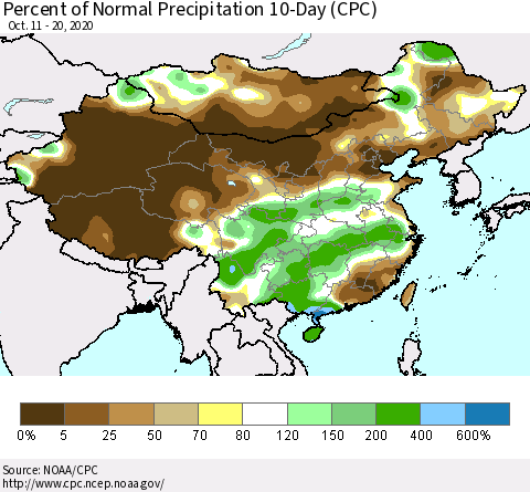 China, Mongolia and Taiwan Percent of Normal Precipitation 10-Day (CPC) Thematic Map For 10/11/2020 - 10/20/2020