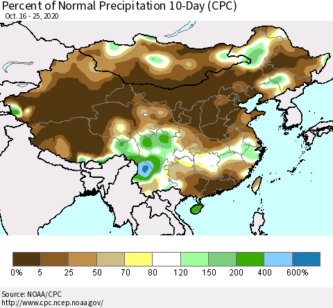China, Mongolia and Taiwan Percent of Normal Precipitation 10-Day (CPC) Thematic Map For 10/16/2020 - 10/25/2020