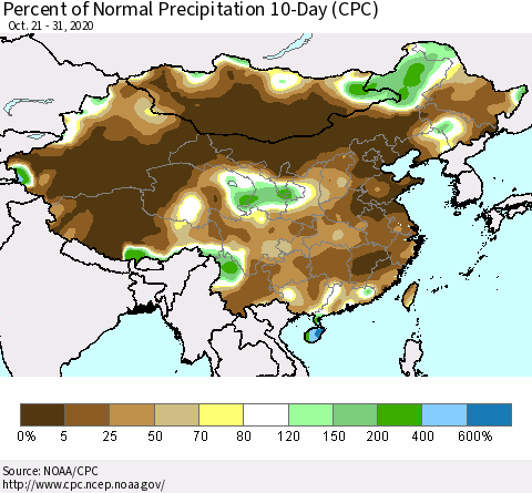 China, Mongolia and Taiwan Percent of Normal Precipitation 10-Day (CPC) Thematic Map For 10/21/2020 - 10/31/2020