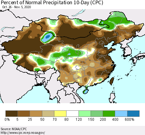 China, Mongolia and Taiwan Percent of Normal Precipitation 10-Day (CPC) Thematic Map For 10/26/2020 - 11/5/2020
