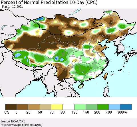 China, Mongolia and Taiwan Percent of Normal Precipitation 10-Day (CPC) Thematic Map For 3/1/2021 - 3/10/2021