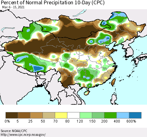 China, Mongolia and Taiwan Percent of Normal Precipitation 10-Day (CPC) Thematic Map For 3/6/2021 - 3/15/2021