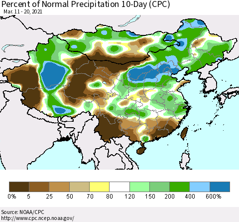 China, Mongolia and Taiwan Percent of Normal Precipitation 10-Day (CPC) Thematic Map For 3/11/2021 - 3/20/2021