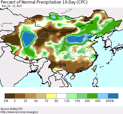 China, Mongolia and Taiwan Percent of Normal Precipitation 10-Day (CPC) Thematic Map For 3/16/2021 - 3/25/2021