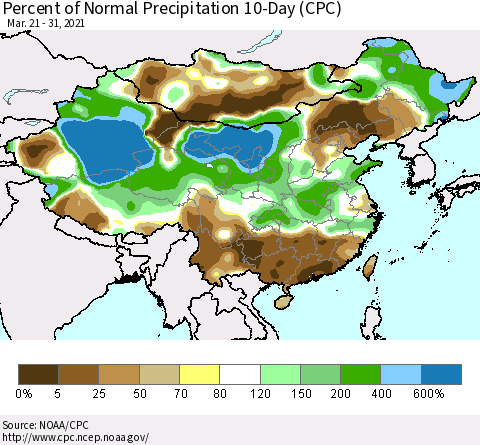 China, Mongolia and Taiwan Percent of Normal Precipitation 10-Day (CPC) Thematic Map For 3/21/2021 - 3/31/2021