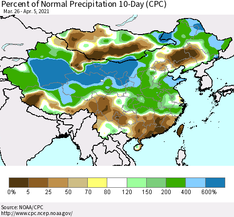 China, Mongolia and Taiwan Percent of Normal Precipitation 10-Day (CPC) Thematic Map For 3/26/2021 - 4/5/2021
