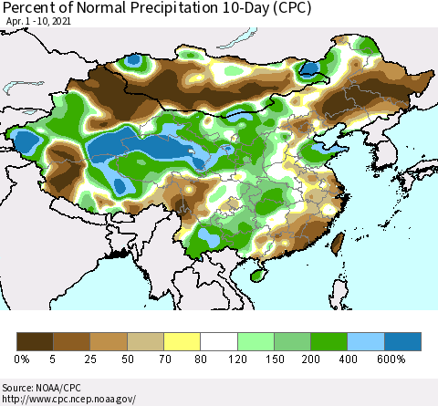 China, Mongolia and Taiwan Percent of Normal Precipitation 10-Day (CPC) Thematic Map For 4/1/2021 - 4/10/2021