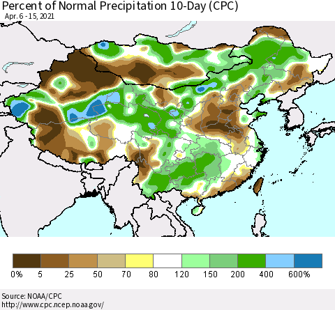 China, Mongolia and Taiwan Percent of Normal Precipitation 10-Day (CPC) Thematic Map For 4/6/2021 - 4/15/2021
