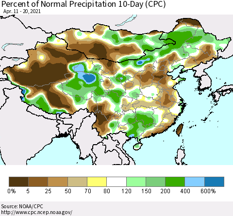 China, Mongolia and Taiwan Percent of Normal Precipitation 10-Day (CPC) Thematic Map For 4/11/2021 - 4/20/2021