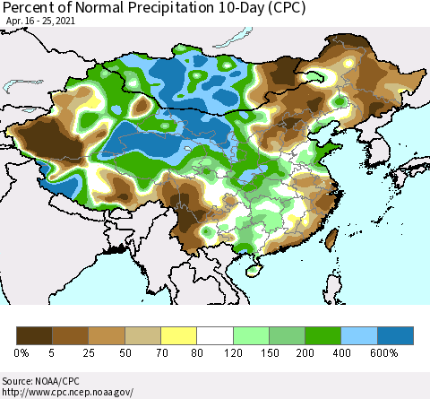 China, Mongolia and Taiwan Percent of Normal Precipitation 10-Day (CPC) Thematic Map For 4/16/2021 - 4/25/2021