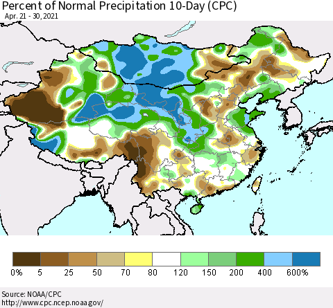 China, Mongolia and Taiwan Percent of Normal Precipitation 10-Day (CPC) Thematic Map For 4/21/2021 - 4/30/2021