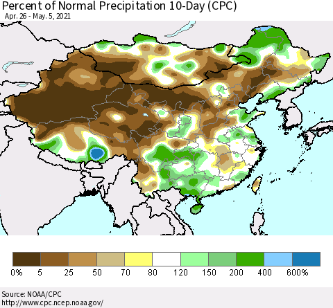 China, Mongolia and Taiwan Percent of Normal Precipitation 10-Day (CPC) Thematic Map For 4/26/2021 - 5/5/2021