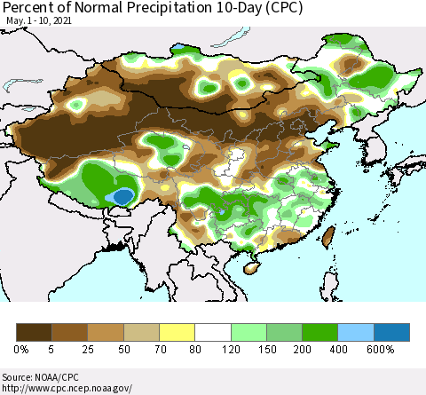 China, Mongolia and Taiwan Percent of Normal Precipitation 10-Day (CPC) Thematic Map For 5/1/2021 - 5/10/2021