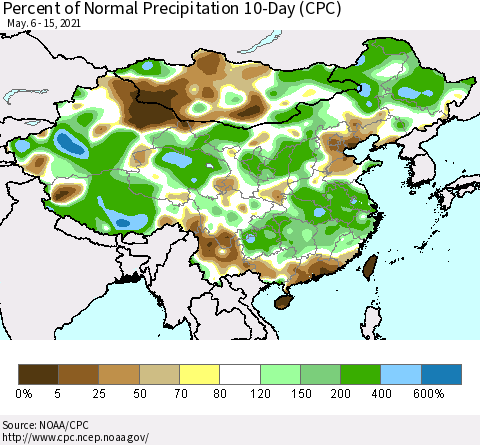 China, Mongolia and Taiwan Percent of Normal Precipitation 10-Day (CPC) Thematic Map For 5/6/2021 - 5/15/2021