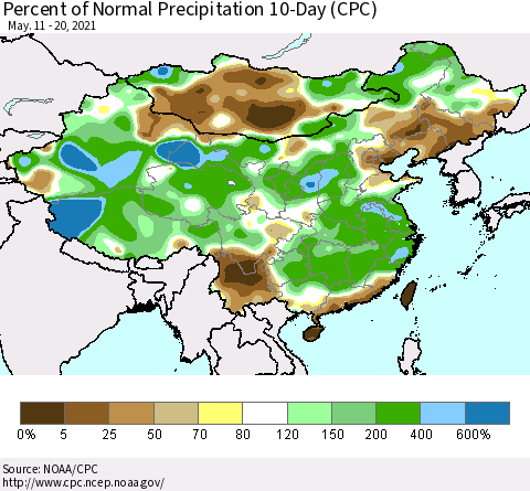 China, Mongolia and Taiwan Percent of Normal Precipitation 10-Day (CPC) Thematic Map For 5/11/2021 - 5/20/2021