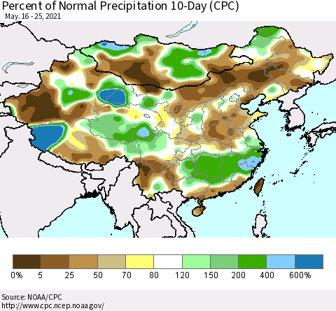 China, Mongolia and Taiwan Percent of Normal Precipitation 10-Day (CPC) Thematic Map For 5/16/2021 - 5/25/2021