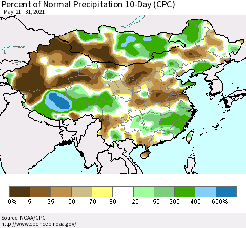 China, Mongolia and Taiwan Percent of Normal Precipitation 10-Day (CPC) Thematic Map For 5/21/2021 - 5/31/2021